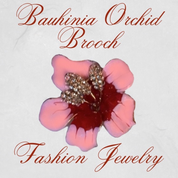 Pink Enamel Crystal Bauhinia Orchid Brooch/Pinback - Fashion Jewelry - Picture 1 of 8